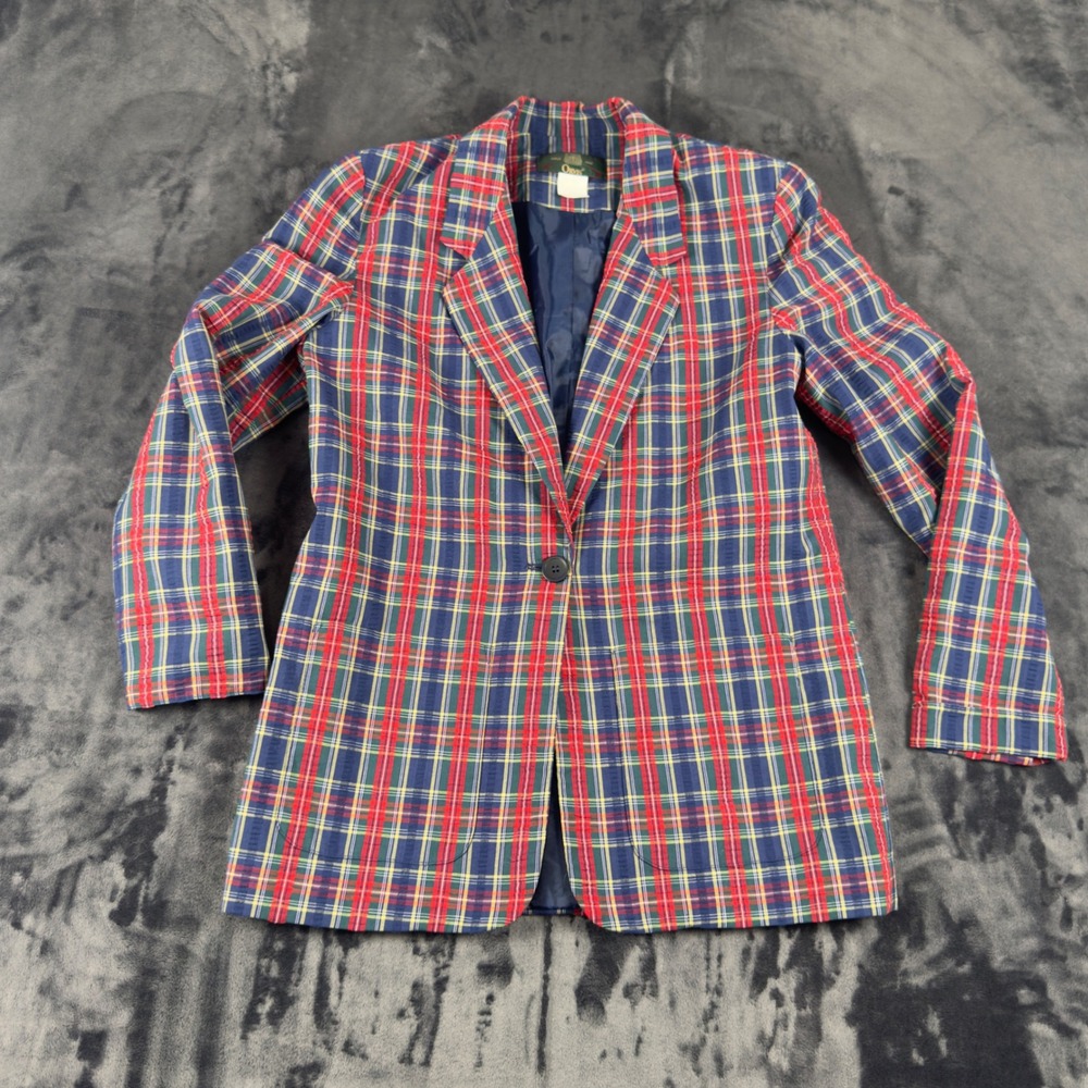 Orvis Blazer Womens Medium Red Blue Plaid Single Button Notched Lapel Jacket